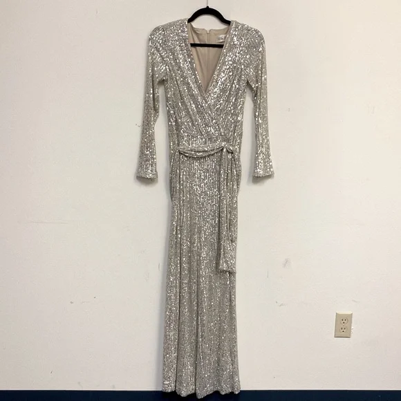 eliza j sequin wrap dress Sequin Balloon Sleeve Faux Wrap Dress (Women)